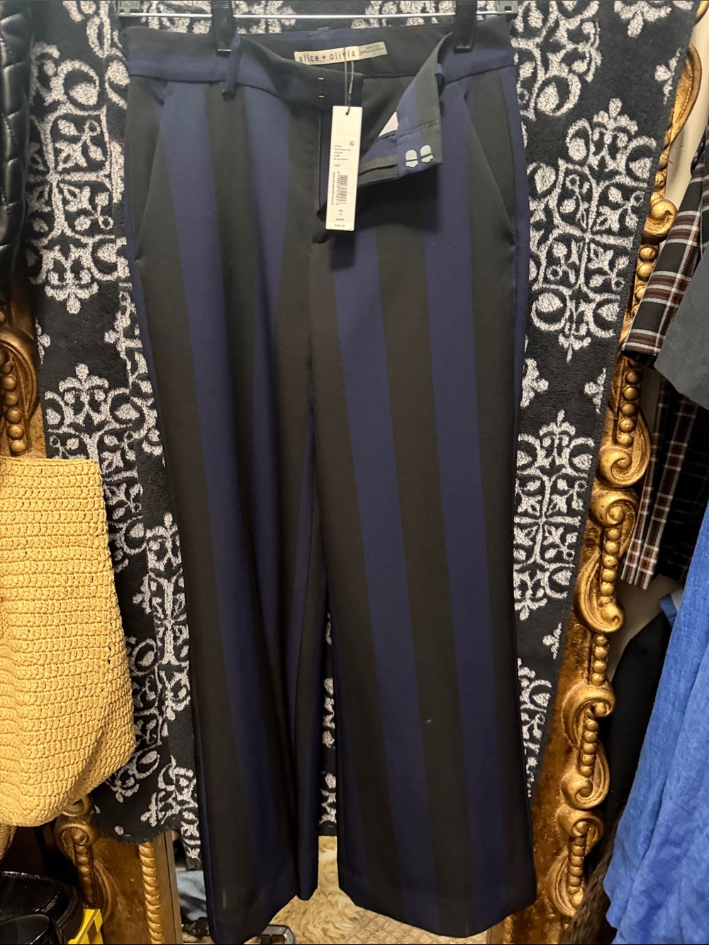 Alice + Olivia Navy and Black Vertical Stripe Wide-Leg Pants
